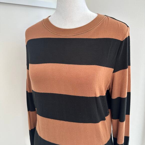 Alice + Olivia Colorblock Stripe Medium Brown Black Henley Pullover Long Sleeve - Picture 2 of 8